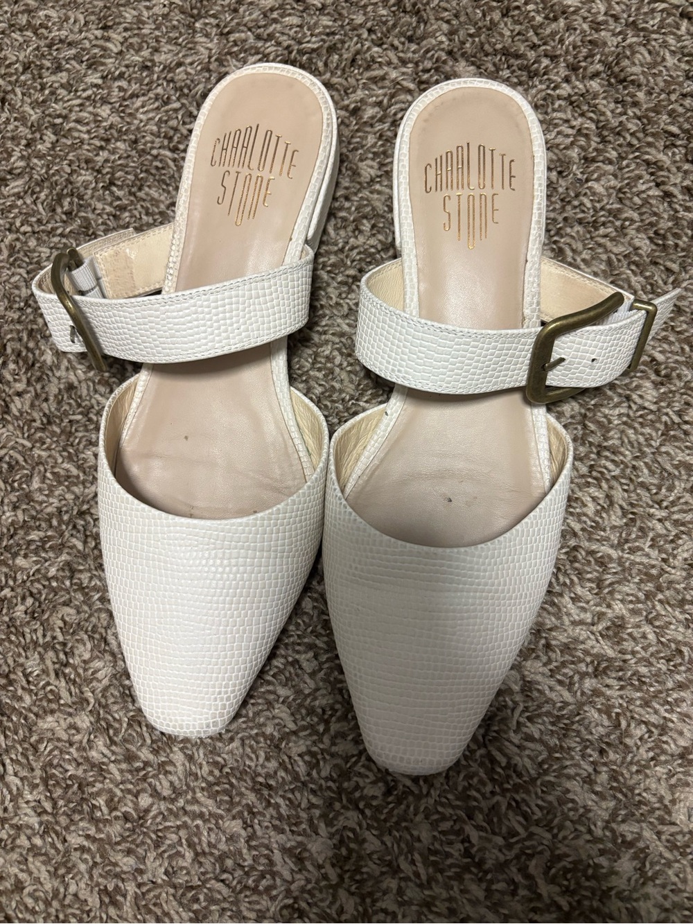 Charlotte Stone White Textured Leather Buckle Mules